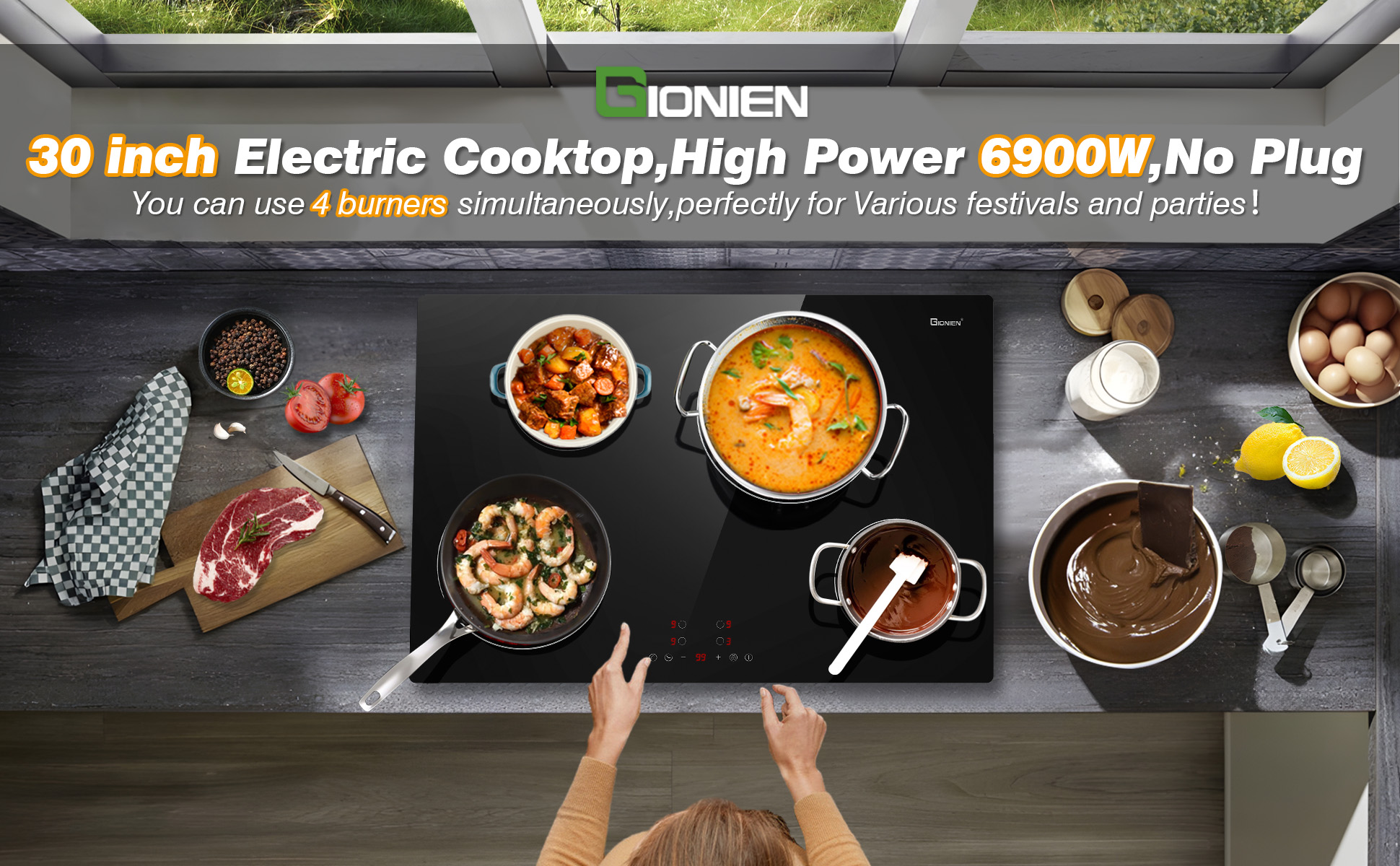 Electric Cooktop 30 Inch 220-240V , Built-in Stove Top 4 Burners 6900W, Ceramic Black Glass Electric Hot Plate Cooktop