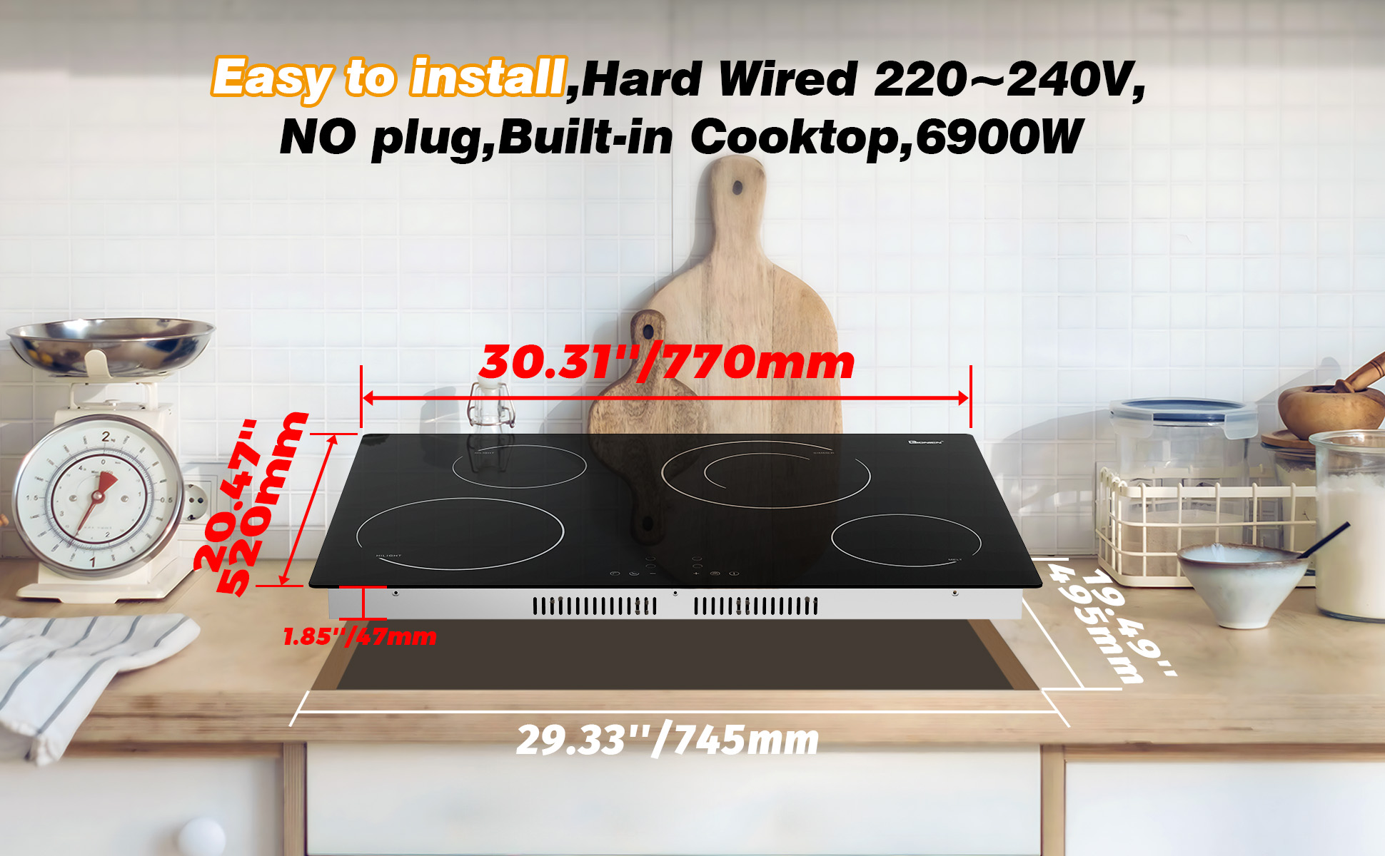 Electric Cooktop 30 Inch 220-240V , Built-in Stove Top 4 Burners 6900W, Ceramic Black Glass Electric Hot Plate Cooktop