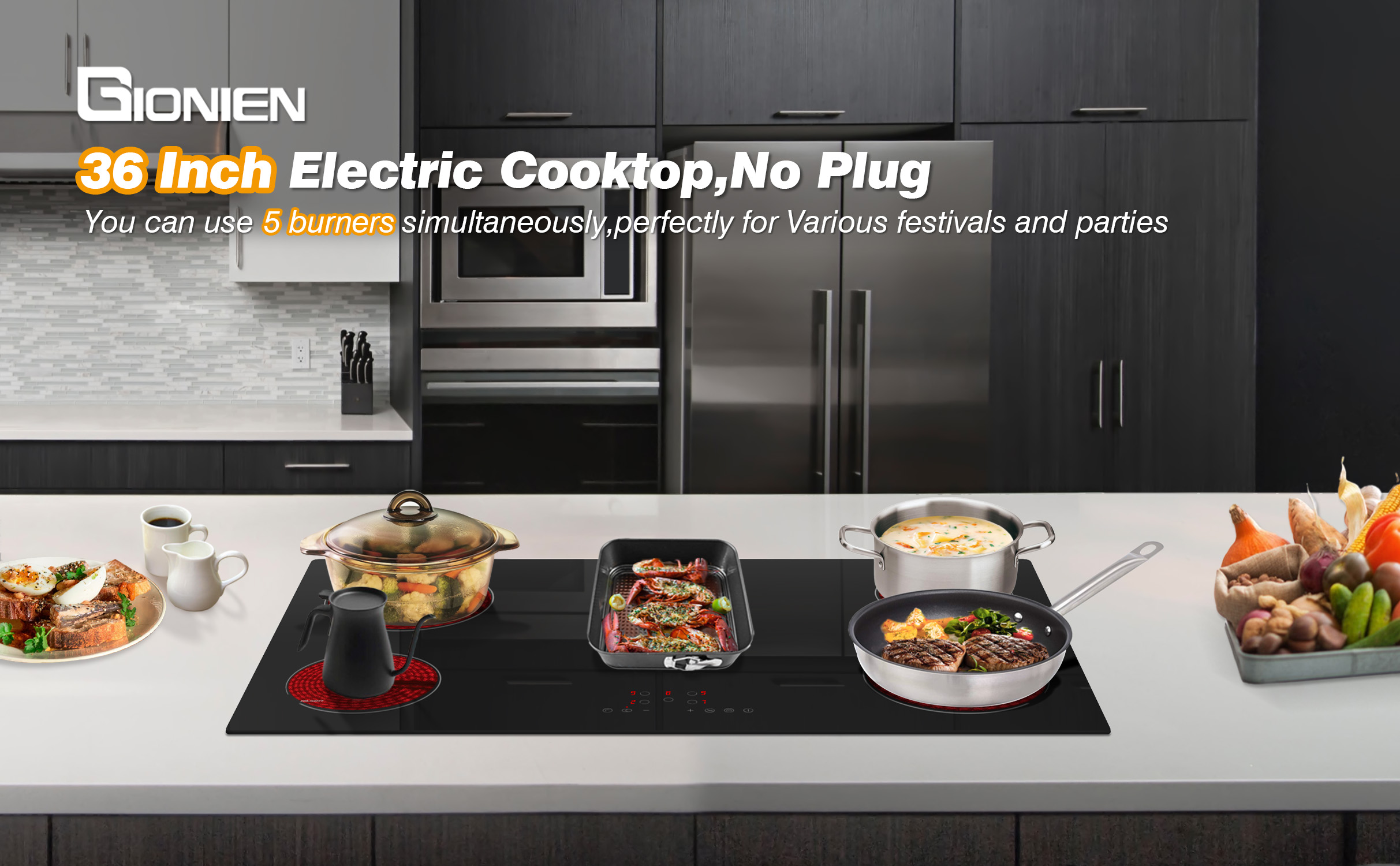 Electric Cooktop 36 Inch 5 Burners, 220~240V Built in Electric Stove Top, 8400W Radiant Ceramic Cooktop with Hardwired