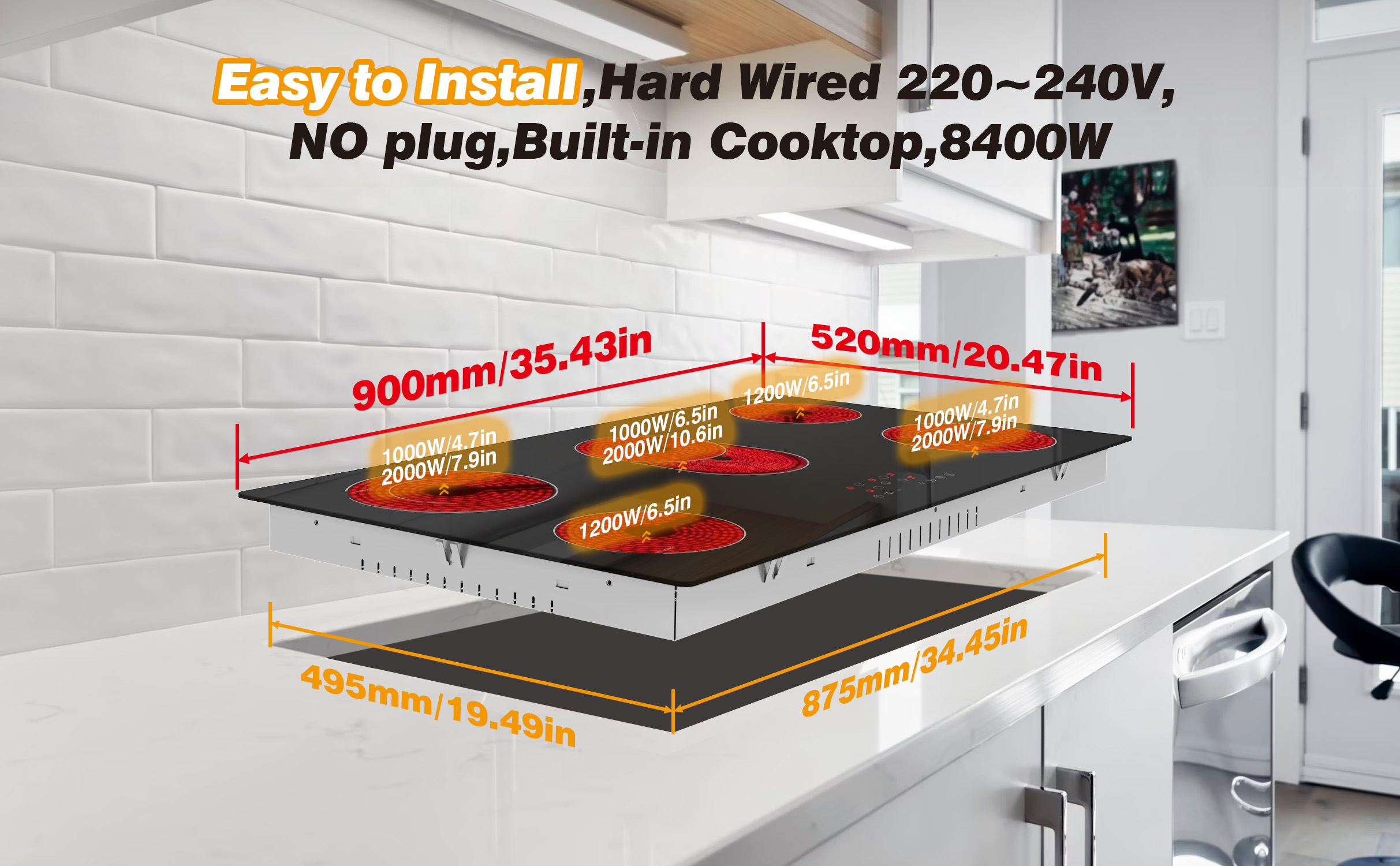 Electric Cooktop 36 Inch 5 Burners, 220~240V Built in Electric Stove Top, 8400W Radiant Ceramic Cooktop with Hardwired