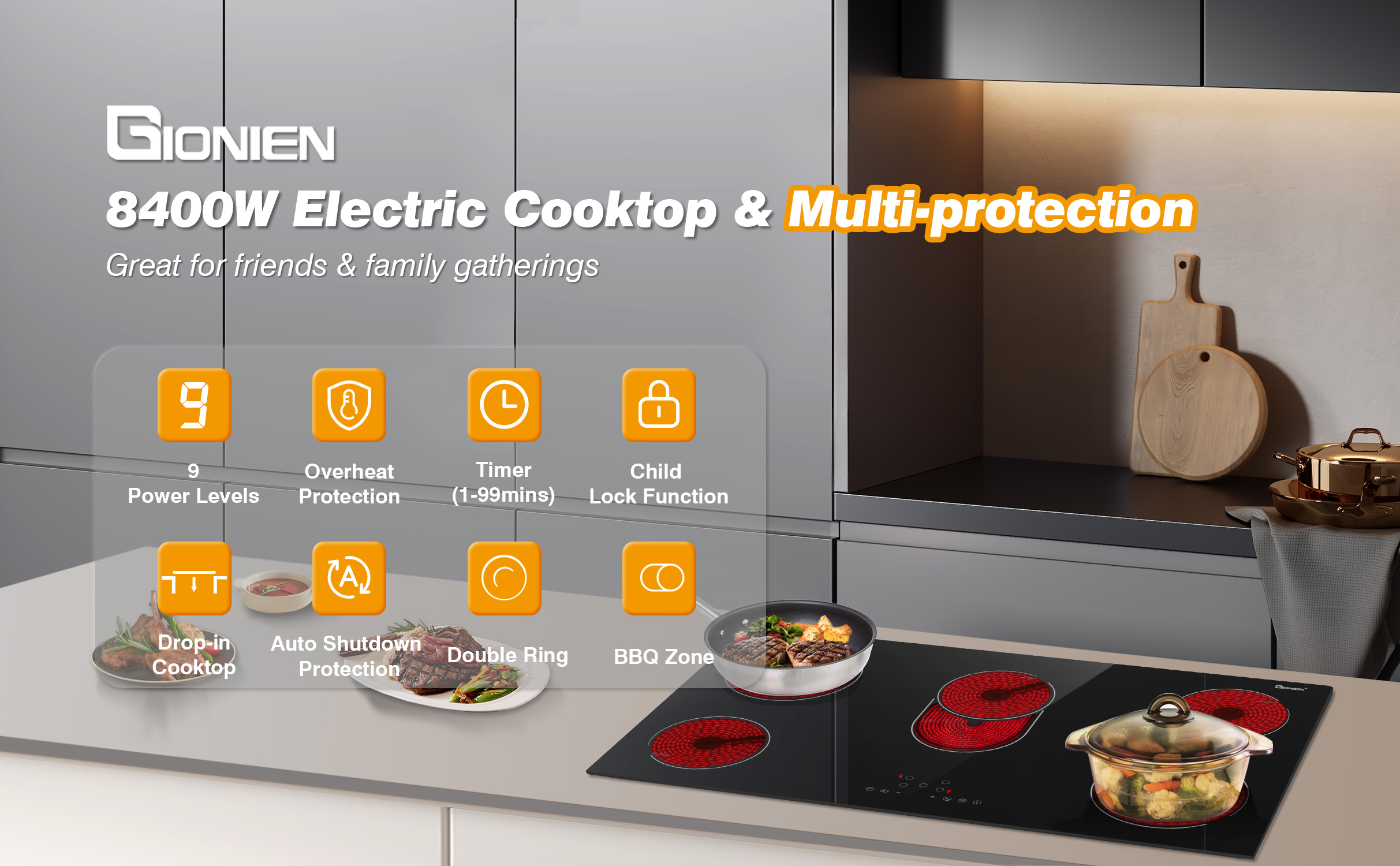 Electric Cooktop 36 Inch 5 Burners, 220~240V Built in Electric Stove Top, 8400W Radiant Ceramic Cooktop with Hardwired